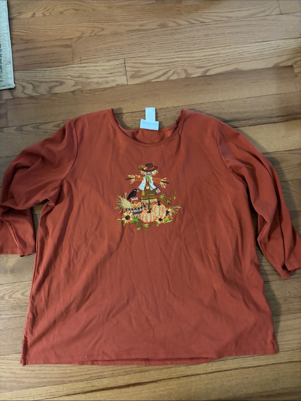 Alfred Dunner Rust Orange Scarecrow Embroidered Tee
